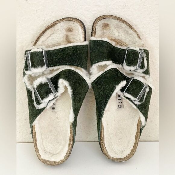 Birkenstock Shearling Arizona Green Suede Sandals Size 8/39 - Picture 3 of 12